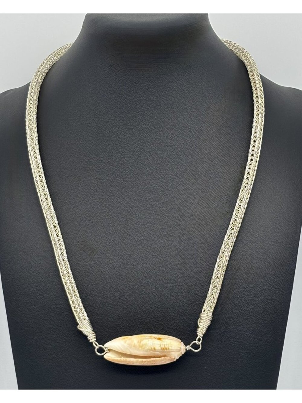 Artisan-Made Viking Knit Necklace .999 Fine and .925 Sterling Silver Olive Shell